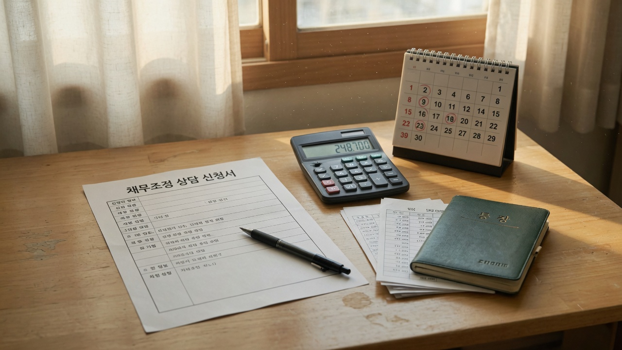 채무조정 상담 신청서와 달력, 계산기가 놓인 책상. 연체 30일 전 신속채무조정 창구를 가리는 장면
