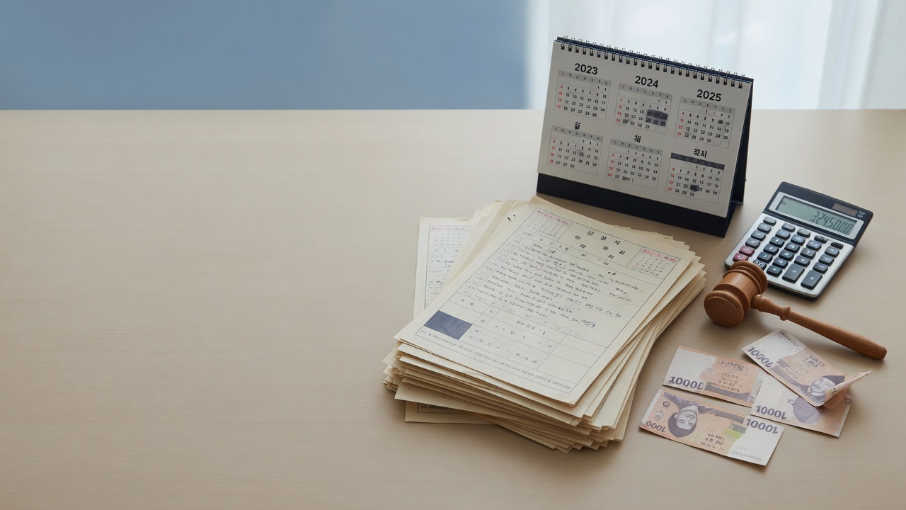 개인회생 변제계획 서류와 3년 달력, 계산기가 놓인 책상