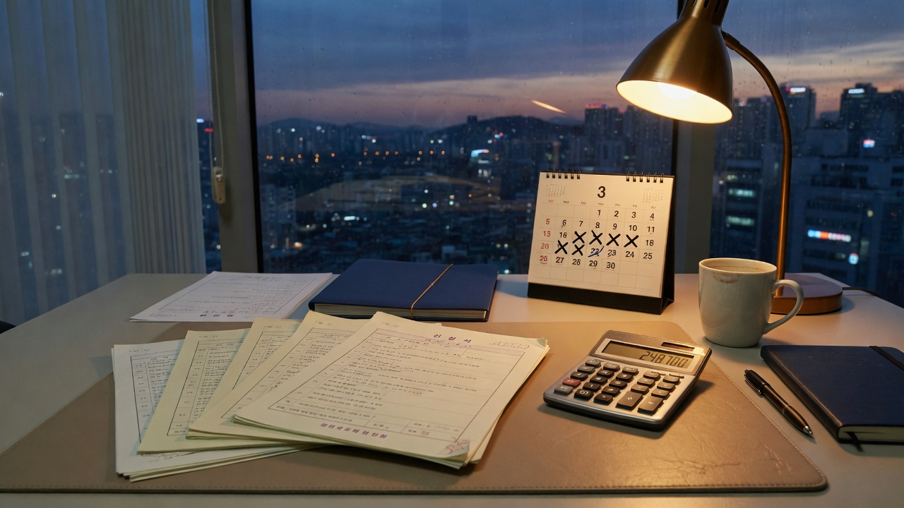 법원 신청 서류와 달력, 계산기가 놓인 책상. 채무불이행자명부 등재와 말소 기한을 가리는 장면