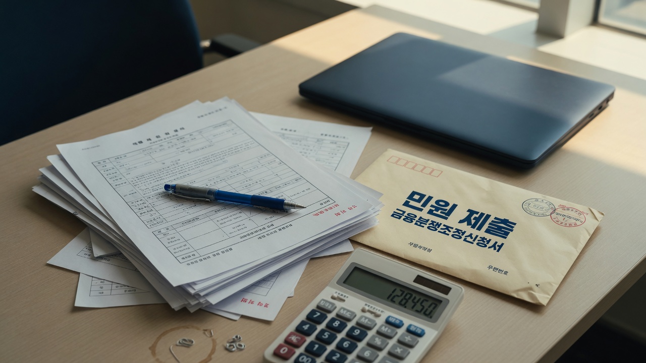 금융 계약서와 민원 서류를 책상에 펼쳐 두고 분쟁조정 신청을 준비하는 장면