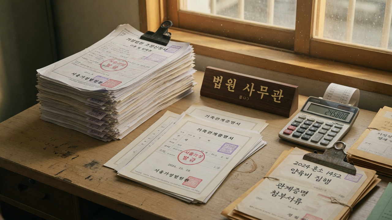 상속포기와 한정승인 신고에 쓰는 법원 서류와 도장이 놓인 책상