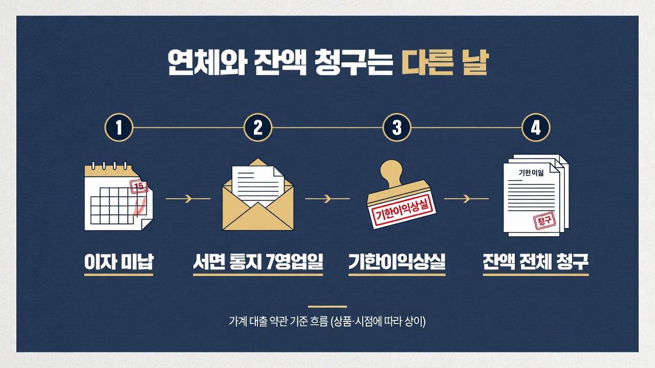 가계 대출 연체에서 서면 통지를 거쳐 기한이익상실, 잔액 전체 청구로 이어지는 흐름