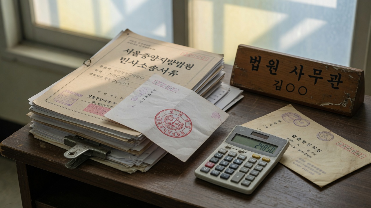 개인파산 면책 신청에 쓰는 법원 서류와 도장이 놓인 책상