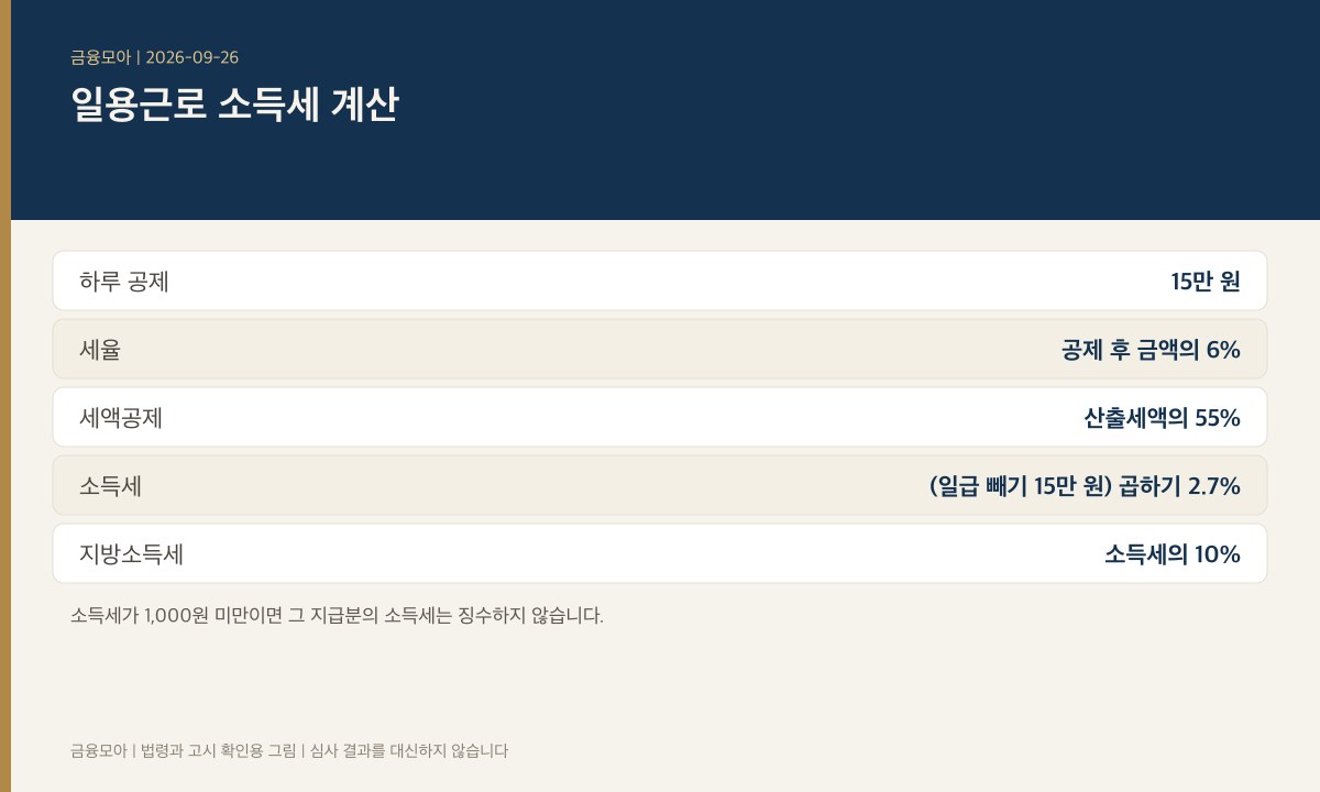 일용근로 소득세 계산 순서. 하루 15만 원 공제 후 6퍼센트, 산출세액의 55퍼센트를 세액공제, 지방소득세는 소득세의 10퍼센트
