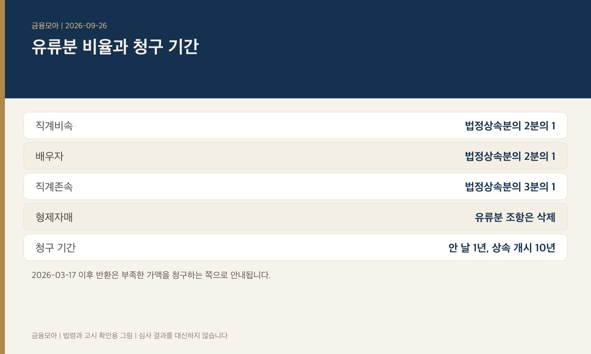 유류분 비율 안내. 직계비속과 배우자는 법정상속분의 2분의 1, 직계존속은 3분의 1, 형제자매 조항은 삭제, 청구 기간은 1년과 10년