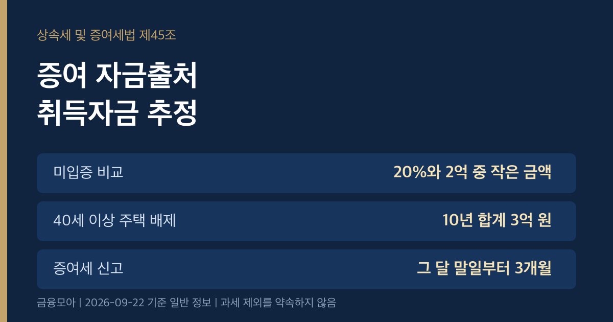 증여 자금출처 인포그래픽. 미입증 금액이 취득가액의 20퍼센트와 2억 원 중 적은 금액보다 작으면 증여추정이 빠질 수 있음.