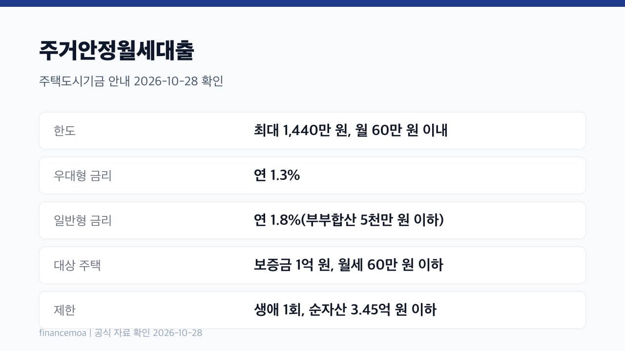주거안정월세대출 우대형과 일반형 금리, 한도, 대상 주택 조건 표