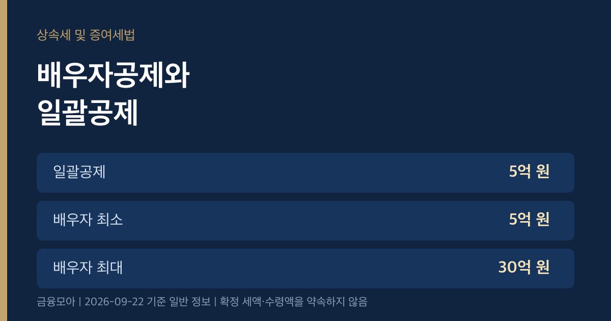 상속세 공제 인포그래픽. 일괄공제 5억 원, 배우자공제 최소 5억 원 최대 30억 원, 신고 기한 6개월.