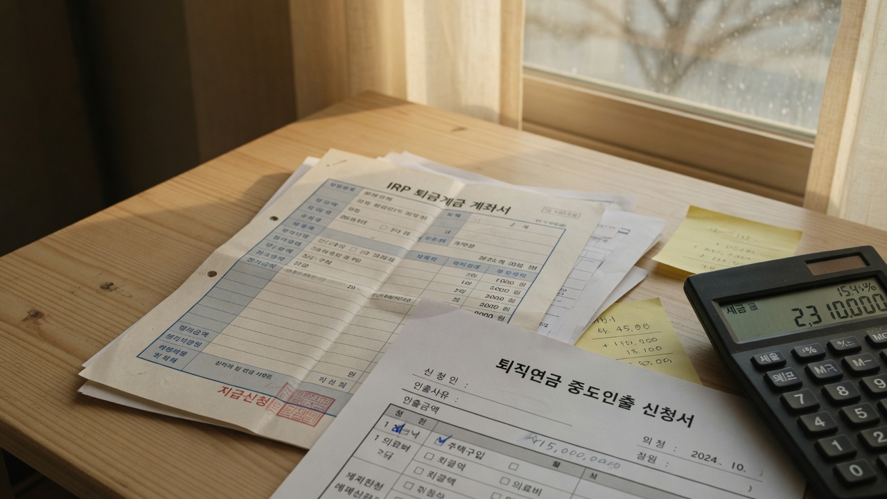 IRP 중도인출 신청서와 세율 계산기를 올려 둔 책상 장면