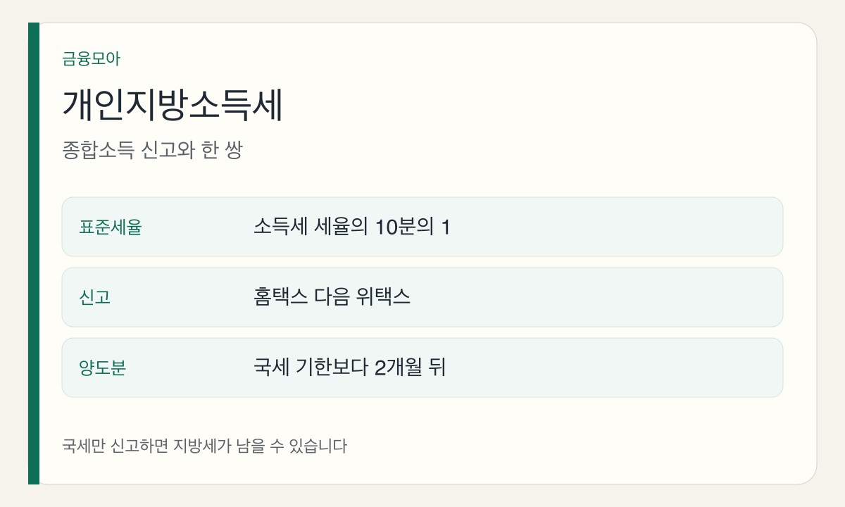 개인지방소득세 신고. 표준세율은 소득세의 10분의 1 구조, 홈택스 다음 위택스, 양도분은 국세보다 2개월 뒤