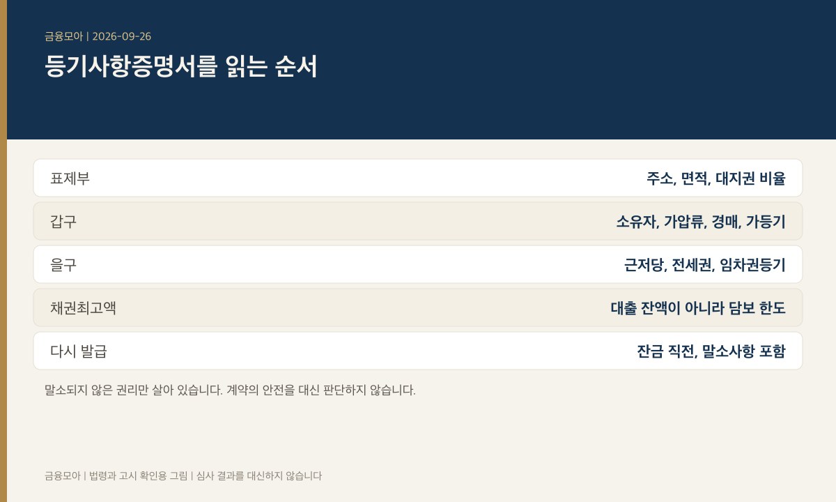 등기사항증명서 읽는 순서. 표제부는 주소와 면적, 갑구는 소유자와 가압류, 을구는 근저당과 채권최고액, 잔금 직전 재발급