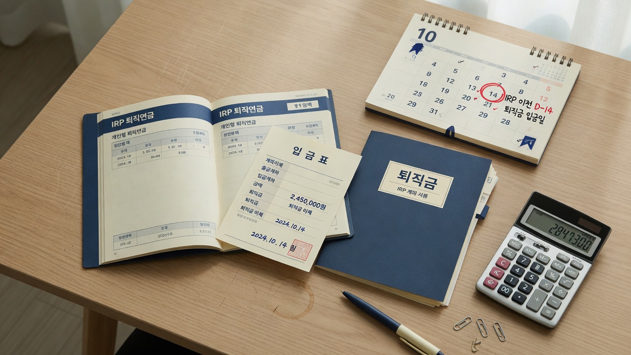 퇴직금 IRP 이전과 14일 지급 기한을 보여주는 서류와 계산기