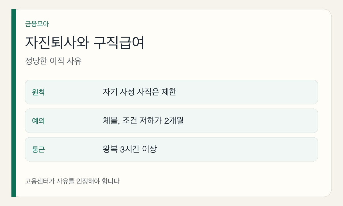자진퇴사 구직급여 판단. 자기 사정 사직은 제한, 체불과 조건 저하는 2개월, 통근은 왕복 3시간